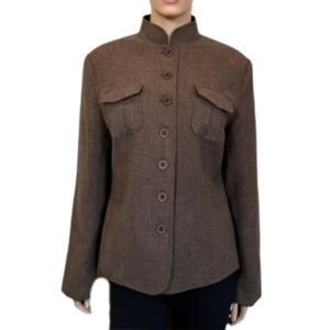 3/$20 Cleo Blazer Jacket Tweed Flap Pocket Mandarin Fall Military Brown Size 12